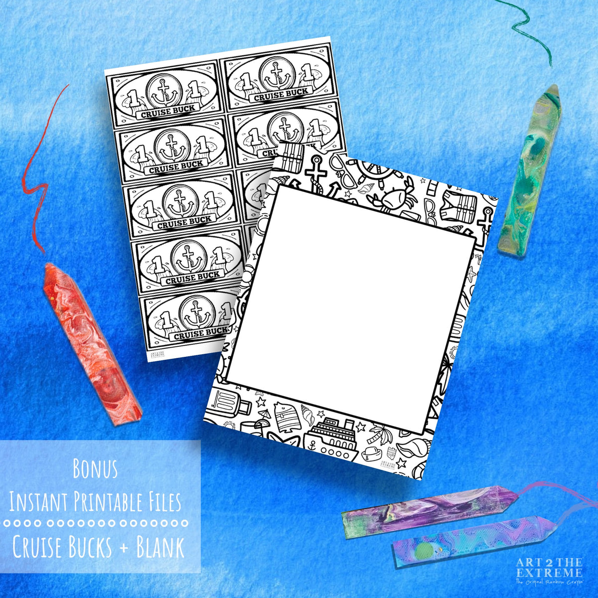 Image of two worksheets on a blue background. Instant cruise printable activity for kids - Cruise Bucks and a black cruise drawing page.