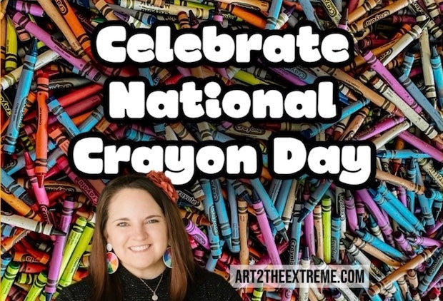 National Crayon Day image of crayon expert Nicole Lewis holding handmade rainbow crayons in front of a colorful wall of recycled crayons, celebrating creativity and crayon activities for kids.