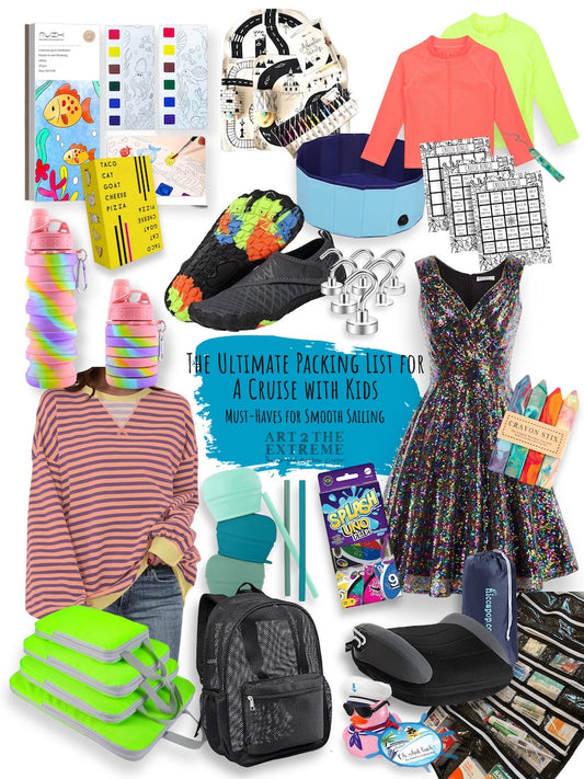 A collage of items for packing for a cruise with kids, including clothing, games, art supplies, and organizational tools, with the text 'The Ultimate Packing List for a Cruise with Kids' centered.