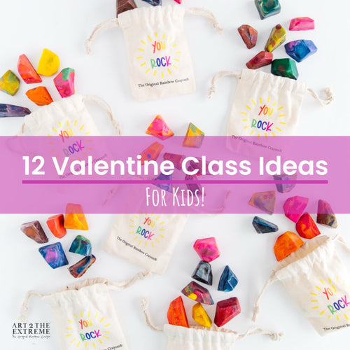 Valentine-themed image featuring colorful gem-shaped rainbow crayons paired with canvas bags reading 'You Rock.' Text overlay reads '12 Valentine Class Ideas for Kids!