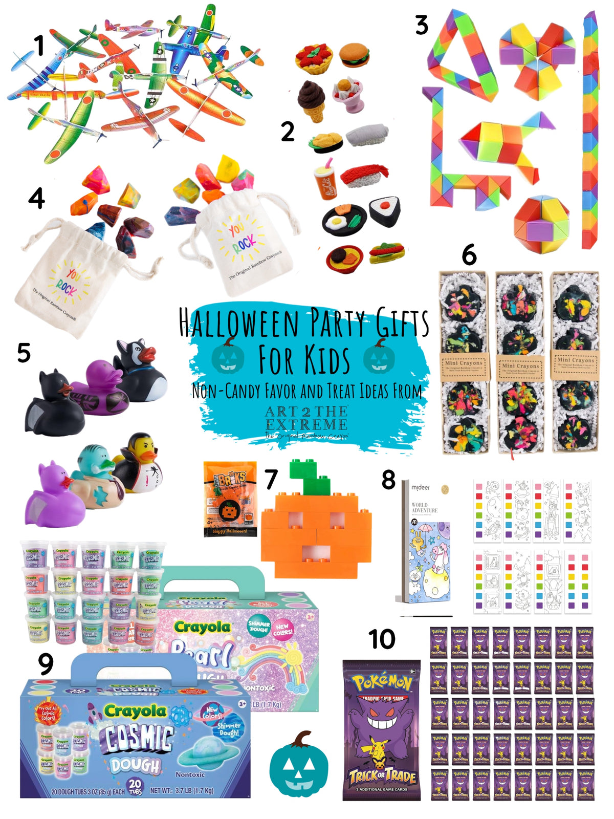 10 Halloween candy-free gifts on a white background for those looking for Halloween Party Gifts for kids. Halloween gift ideas include foam planes, crayon rocks, sushi erasers, halloween themed ducks, and more. This is a shopable gift guide when you click on the link.