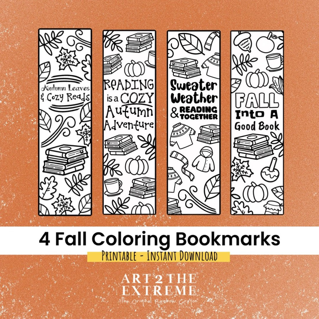 Four fall coloring bookmarks from Art 2 the Extreme displayed on a textured orange background. Each bookmark features a different autumn-themed design with illustrations of books, leaves, pumpkins, and cozy elements, paired with phrases like 'Autumn Leaves & Cozy Reads,' 'Reading is a Cozy Autumn Adventure,' 'Sweater Weather & Reading Together,' and 'Fall Into a Good Book.' Text below the bookmarks reads '4 Fall Coloring Bookmarks - Printable - Instant Download.' The Art 2 the Extreme logo at bottom.
