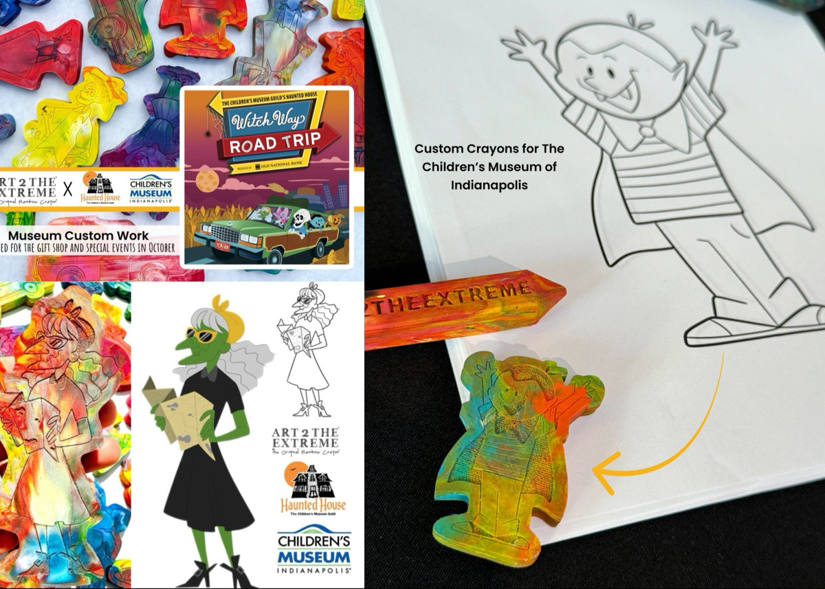 Image of a drawing of a child vampire coloring page with a matching rainbow crayon in the exact design. Graphics from The Children's Museum of Indianapolis showing Art 2 the Extreme's custom crayon designs created based on their haunted house characters for their corporate event. 