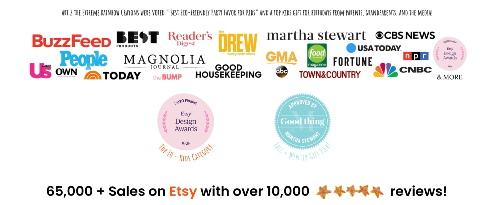 Art 2 the Extreme is a top goody bag idea for kids party favors and voted best gift from over 100 media outlets including Buzzfeed, Magnolia Journal, Martha Stewart and more. This image has logos from large publications our crayon gifts have been featured in.