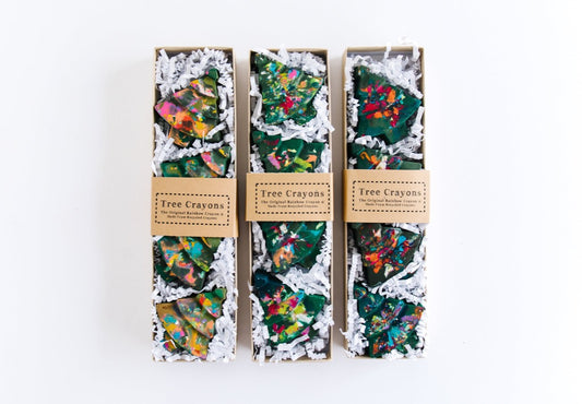 Rainbow Crayon Christmas Tree Original Rainbow Crayons by Art 2 the Extreme, Pack of 4 green tree crayons with colored specks on top, Gift set, crayon stocking stuffer for kids